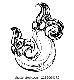 Fantastic creature with two heads. Nomadic Scythian Iron Age Pazyryk culture. Hand drawn linear doodle rough sketch. Black silhouette on white background.