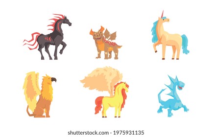 Fantastic Creatures with Fire Breathing Dragon and Pegasus Vector Set