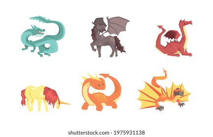 Fantastic Creatures with Fire Breathing Dragon and Unicorn Vector Set