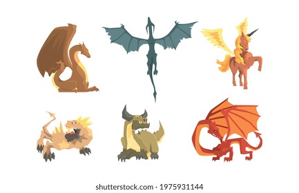 Fantastic Creatures with Fire Breathing Dragon and Pegasus Vector Set