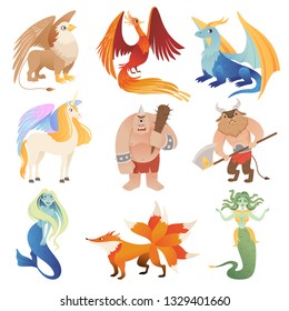 Fantastic creatures. Phoenix dragon hybrid animals flying lion minotaur centaur vector cartoon pictures