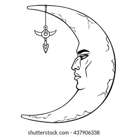 Fantastic crescent with a human face. Esoteric symbol, boho design. The linear drawing isolated on a white background. Vector illustration, be used for coloring book.