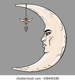 Fantastic crescent with a human face. Esoteric symbol, boho design. The vector color illustration isolated on a gray background.