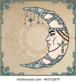 Fantastic crescent with a human face. Esoteric symbol, boho design. Indian motives. Magic circle, frame from iron elements. Background imitation of old paper. Vector color illustration.