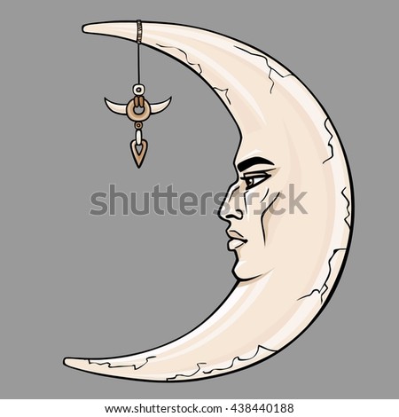 Fantastic crescent with a human face. Esoteric symbol, boho design. The vector color illustration isolated on a gray background.