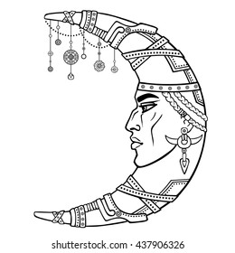 Fantastic crescent with a human face. Ethnic jewelry and beads, Indian motives. Boho design. The linear drawing isolated on a white background. Vector illustration, be used for coloring book.