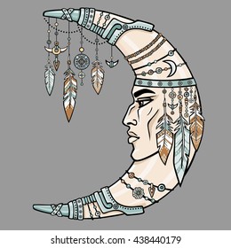 Fantastic crescent with a human face. Ethnic jewelry and beads, Indian motives. Boho design. The vector color illustration isolated on a gray background.