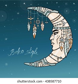 Fantastic crescent with a human face. Spirit of the shaman. Ethnic jewelry, beads,  feathers. Esoteric symbol, boho design. Indian motives. Vector color illustration, background - night the star sky.