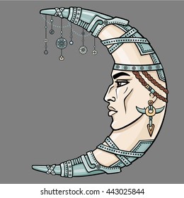 Fantastic crescent with a human face. Spirit of the shaman. Esoteric symbol, boho design. Indian motives. The vector color illustration isolated on a gray background.