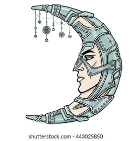 Fantastic crescent with a human face. Spirit of the soldier. Esoteric symbol, boho design. The vector color illustration isolated on a white background.