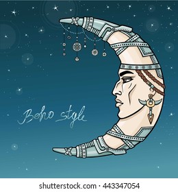 Fantastic crescent with a human face. Spirit of the shaman. Esoteric symbol, boho design. Indian motives. Vector color illustration, background - the star night sky.