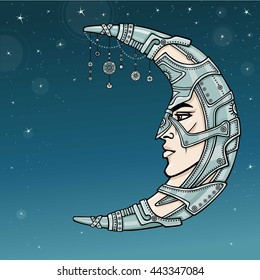 Fantastic crescent with a human face. Spirit of the soldier. Esoteric symbol, boho design. Vector color illustration, background - the star night sky.