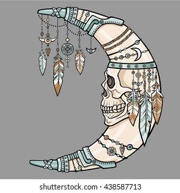 Fantastic crescent with a human skull the person. Ethnic jewelry, beads, Indian motives. Esoteric symbol, boho vintage design. The vector color illustration isolated on a gray background.