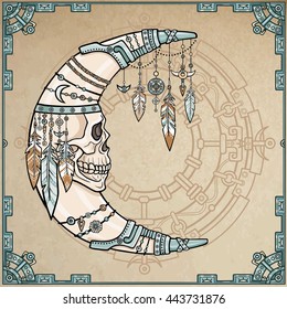 Fantastic crescent with a human skull the person. Esoteric symbol, boho design. Indian motives. Magic circle, frame from iron elements. Background imitation of old paper. Vector color illustration.