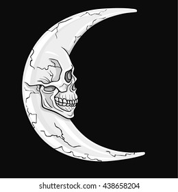 The fantastic crescent moon , in the form of a human skull. Esoteric symbol. The monochrome drawing isolated on a dark gray background. Vector illustration.