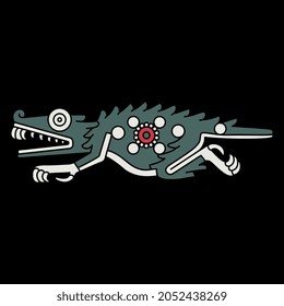 Fantastic crocodile monster. Native American animal design of Aztec Indians from Mexican codex. Isolated vector illustration. On black background.
