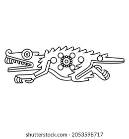 Fantastic Crocodile Monster. Native American Animal Design Of Aztec Indians From Mexican Codex. Black And White Linear Silhouette.