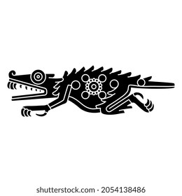 Fantastic Crocodile Monster. Native American Animal Design Of Aztec Indians From Mexican Codex. Black And White Negative Silhouette.