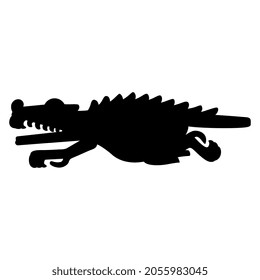 Fantastic Crocodile Monster. Native American Animal Design Of Aztec Indians From Mexican Codex. Black Silhouette On White Background.