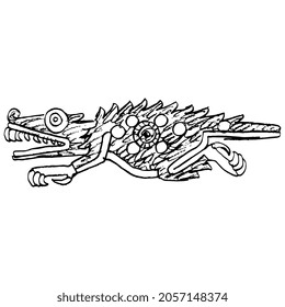 Fantastic crocodile monster. Native American animal design of Aztec Indians from Mexican codex. Hand drawn linear doodle rough sketch. Black silhouette on white background.
