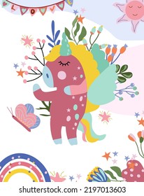 Fantastic cute Unicorn with colorful the tail, rainbow, funny sun, flowers and leaves. Poster with magical horse can be used as creating card, banner, birthday and other holidays. Vector illustration.