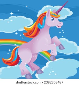 Fantastic and cute unicorn in the sky with clouds and rainbow in the background.