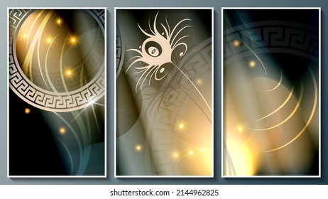 Fantastic dark triptych with ancient Greek elements. Semi-rings with an ornament, an abstract floral element, smooth stripes, glare, flashes of light, lights on a dark background. Vector.