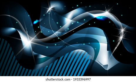 Fantastic dark wallpaper. Chaotic overlapping abstract shapes with wavy edges, highlights, lights, glows, stripes and lines on a dark azure background. vector 