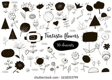 Fantastic, decorative, modern black and white flowers made by hand in vector,
55 elements.