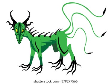 Fantastic dog of green color with three tails