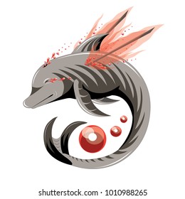 The fantastic dolphin cries and flies on bloody wings.