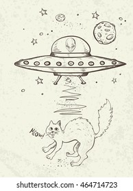 Fantastic doodle background with UFO abducts a cat. Vector illustration.