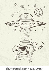 Fantastic doodle background with UFO abducts a cow. Hand drawn vector illustration.