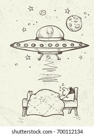 Fantastic doodle background with UFO abducts a sleeping man. Vector illustration.