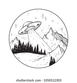 Fantastic doodle illustration with UFO spaceship in the mountains. 