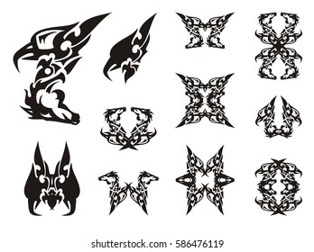 Fantastic double symbol of the imaginary animal formed by the horse head and the head of an eagle, symbols and frames from it in black and white colors