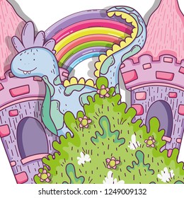 fantastic dragn creature with castle and rainbow