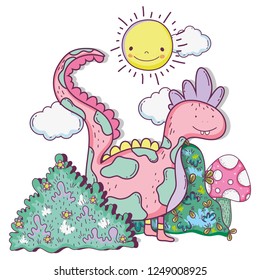 fantastic dragon creature with bushes and sun