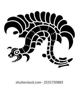 Fantastic dragon. Feathered serpent. Ethnic Native American design of Mayan Indians. Black and white silhouette.