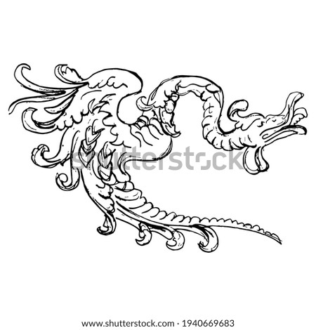 Fantastic dragon. Hand drawn linear doodle rough sketch. Black silhouette on white background.