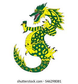 Fantastic dragon. The monster is yellow and green. Freehand sketch. Clear outline. Bright illustration on a white background.