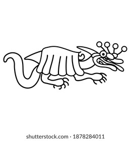 Fantastic dragon. Native American art of Moche Indians. Monster animal. Moche mythology of ancient Peru. Black and white linear silhouette.