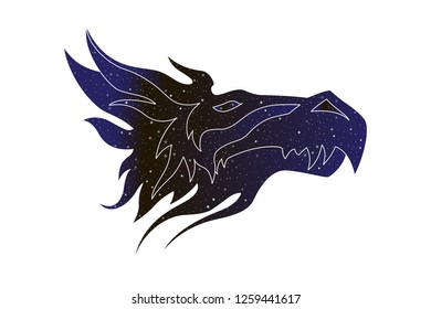 Fantastic dragon stylized head. Vector line magic animal illustration, night sky color silhouette isolated on white background.