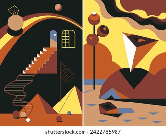 Fantastic dreams with luminous spheres and lanterns, pyramids and cubes. Mystical stairs to unknown. Magical transformation and cosmic harmony. Boundless depths of surreal realm. Vector in flat style