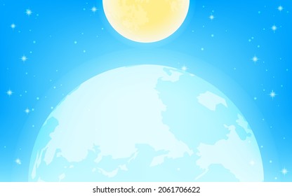 The fantastic earth and moon in a sparkling blue universe.