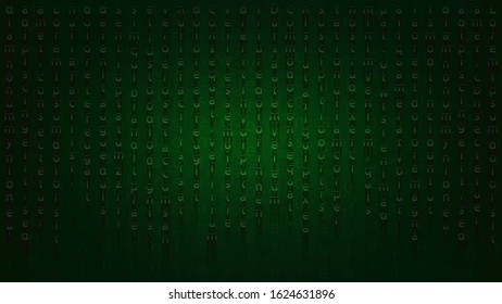 Fantastic encoding with falling letters. Stylish dark green background for banners and prints in the style of the Matrix. Wallpaper for the monitor in 9 by 16 format