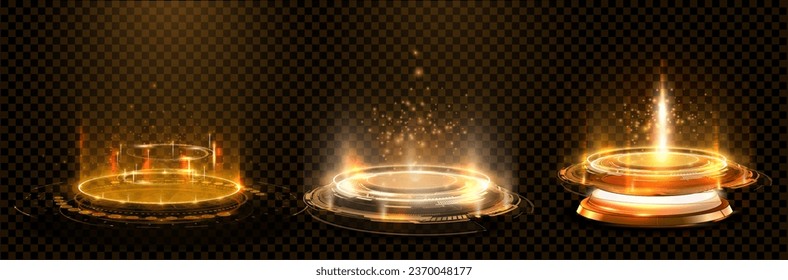 Fantastic energy stage, podium teleport with hologram, golden neon glow, magic portal. Futuristic teleport podiums, healing aura for game interface. Gates set for transition between dimensions. Vector