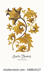 Fantastic exotic flowers in Chinese style. Luxury ornament. Golden floral illustration. Ornate graphic art. Beautiful vector element, vignette for design template.