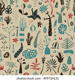 Fantastic and exotic succulents cacti plant vector seamless pattern. Botanical desert flora fabric print. Home garden cartoon cactuses for wallpaper, curtain, tablecloth.