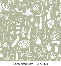 Fantastic and exotic succulents cacti plant vector seamless pattern. Botanical desert flora fabric print. Home garden cartoon cactuses for wallpaper, curtain, tablecloth.
